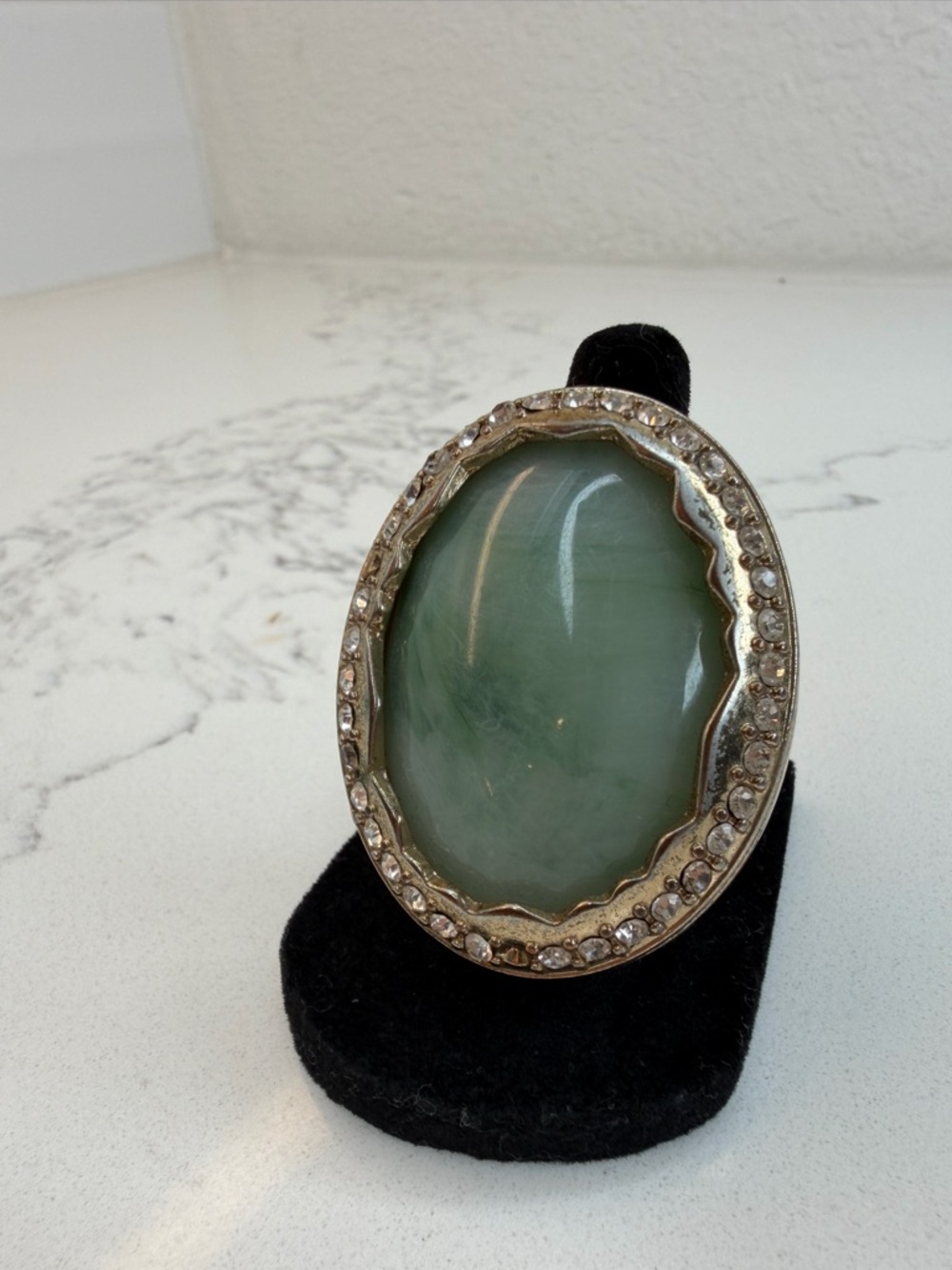 Vintage Style Green Stone Statement Ring Adjustable Gold Tone Cocktail Ring Boho